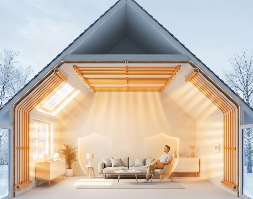 Modern sunlit living room with orange linear lighting along the curved facade and a man sitting on a beige sofa inside.